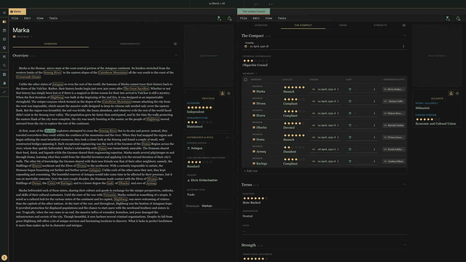 Two entries open side by side: Marka, a province, with linked place names in its overview and its governance panel; and The Unified Council, an alliance, with seven member provinces, their loyalty, the dates they joined, and their representatives.