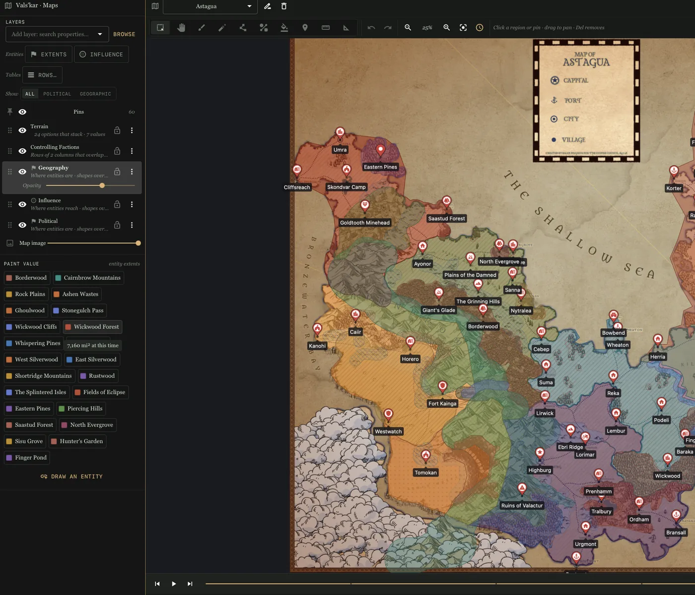 Map layers panel with Terrain, Controlling Factions, Geography, Influence and Political layers beside a painted region map.